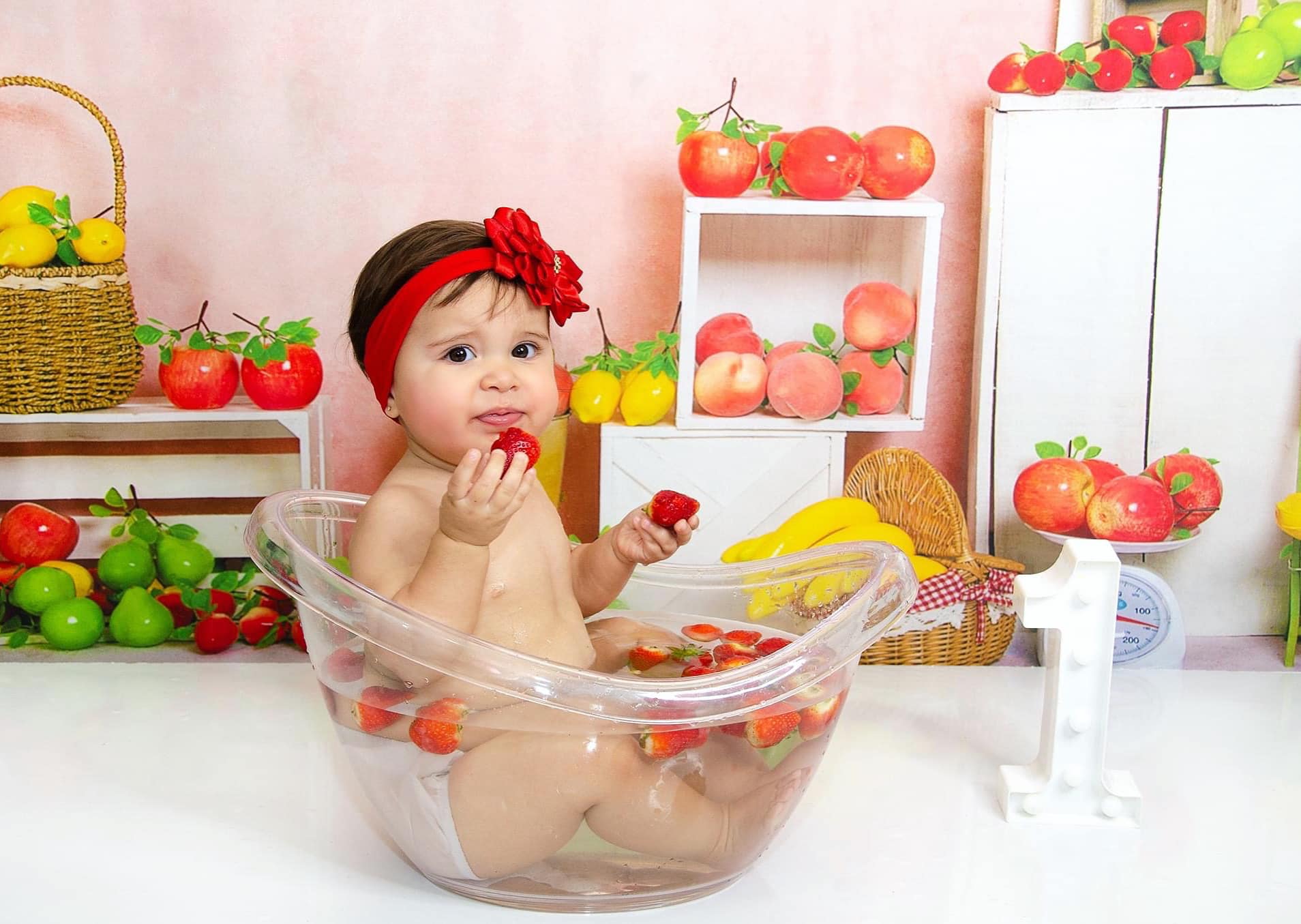 Kate Apple Lemon Peach Fruit Stand Red Backdrop Designed by Jia Chan Photography