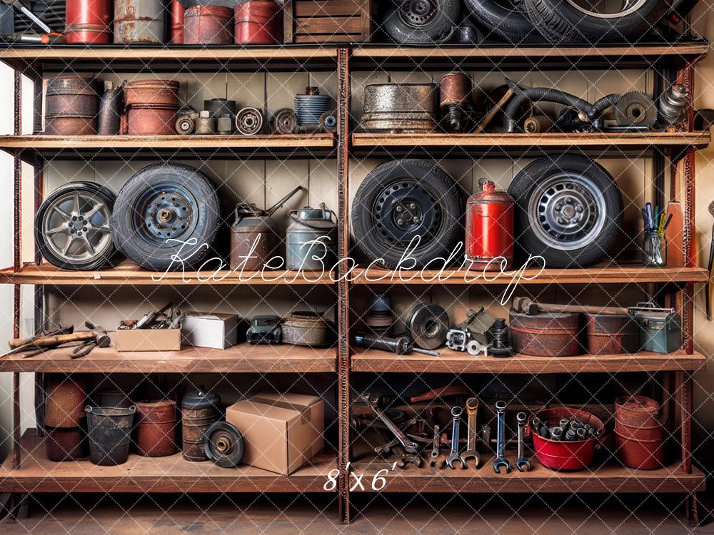 Kate Garage Shelves Tools Tires Backdrop Designed by Mandy Ringe Photography - Image 3