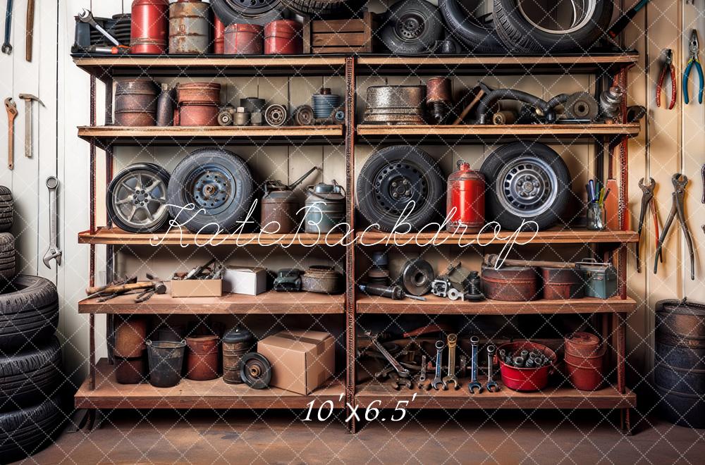 Kate Garage Shelves Tools Tires Backdrop Designed by Mandy Ringe Photography - Image 4