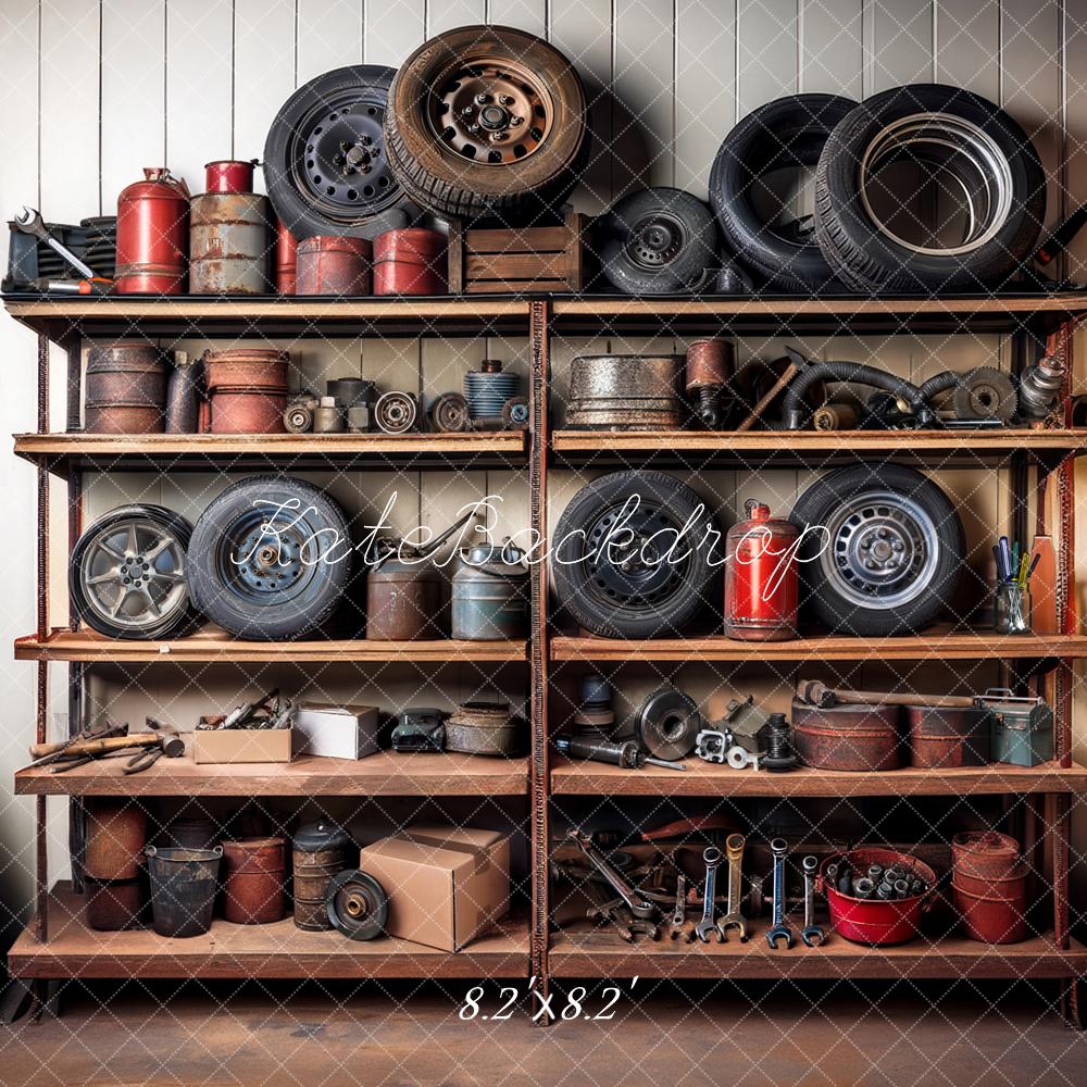 Kate Garage Shelves Tools Tires Backdrop Designed by Mandy Ringe Photography - Image 5