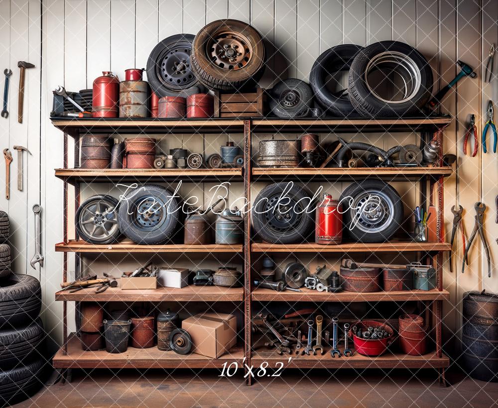 Kate Garage Shelves Tools Tires Backdrop Designed by Mandy Ringe Photography - Image 6