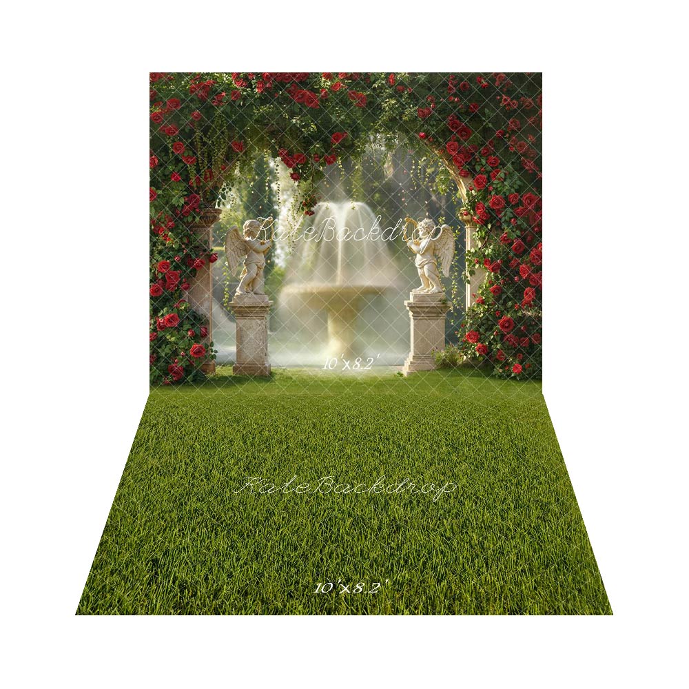 Kate Garden Arch Red Roses Fountain Statues Backdrop+Grass Texture Floor Backdrop - Image 3