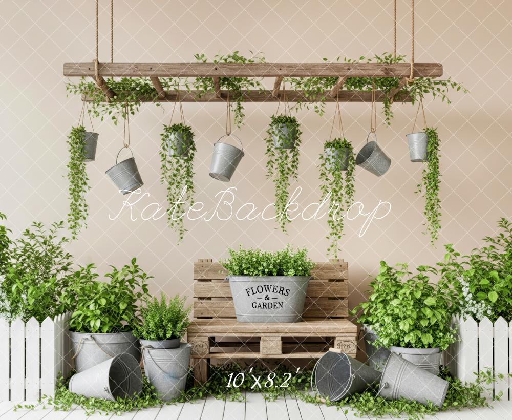 Kate Garden Bench Hanging Buckets Greenery Fleece Backdrop Designed by Patty Robert - Image 3
