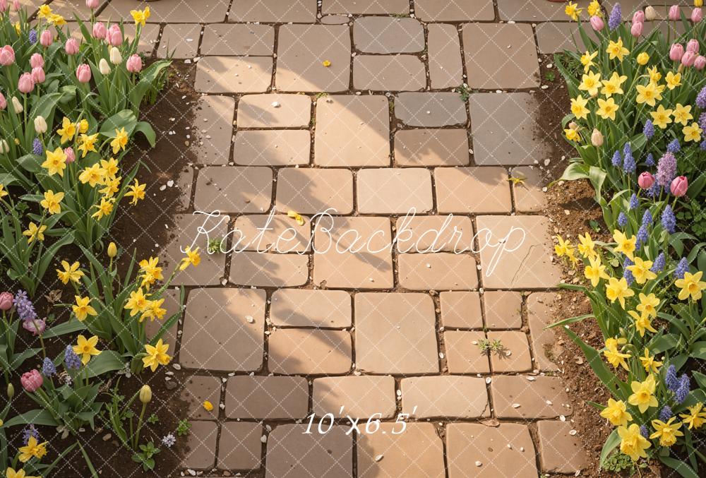 Kate Garden Brick Path Tulips Daffodils Fleece Backdrop Designed by Kate Image - Image 2
