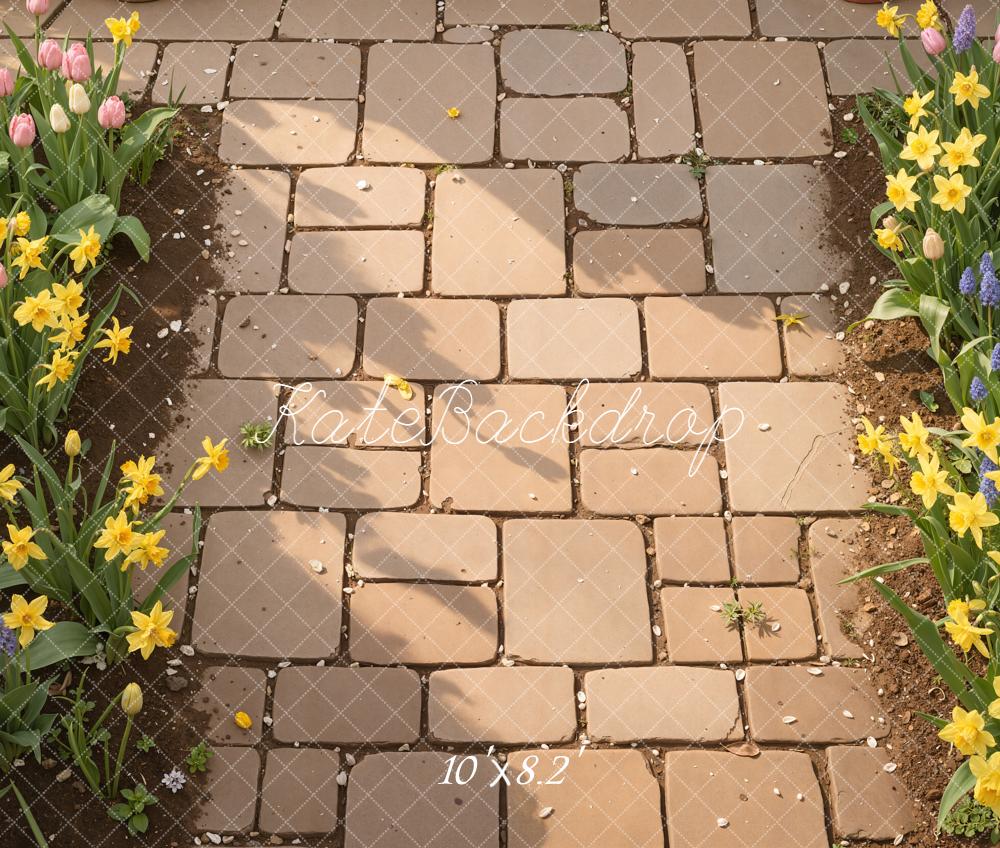 Kate Garden Brick Path Tulips Daffodils Fleece Backdrop Designed by Kate Image - Image 3