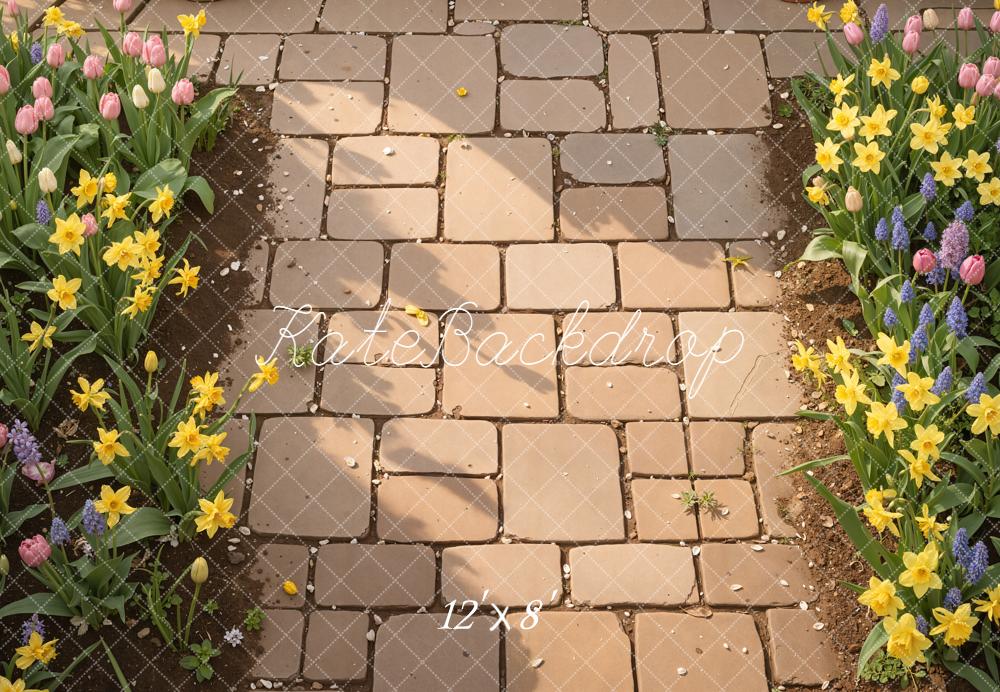 Kate Garden Brick Path Tulips Daffodils Fleece Backdrop Designed by Kate Image - Image 4