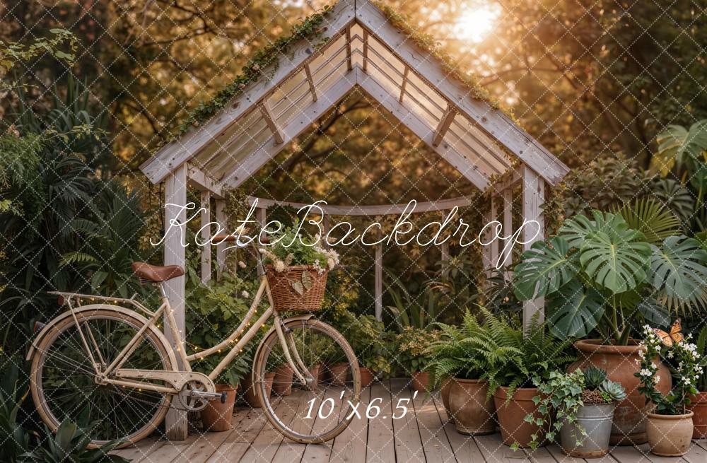 Kate Garden Greenhouse Bicycle Sunset Fleece Backdrop Designed by Emetselch - Image 2