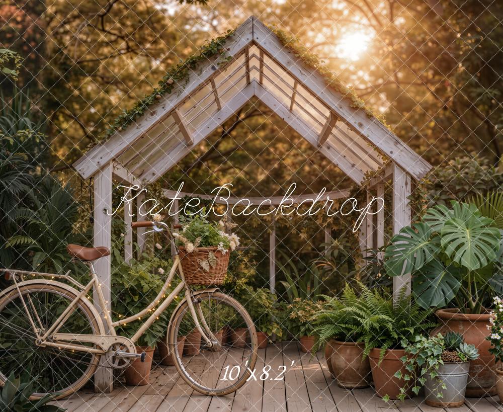 Kate Garden Greenhouse Bicycle Sunset Fleece Backdrop Designed by Emetselch - Image 3