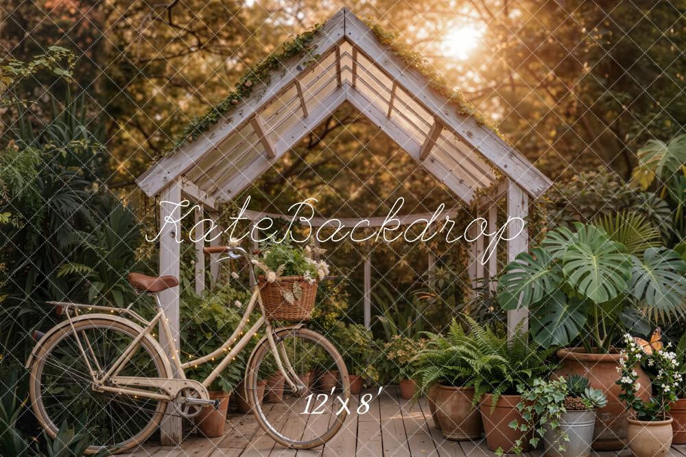 Kate Garden Greenhouse Bicycle Sunset Fleece Backdrop Designed by Emetselch - Image 4