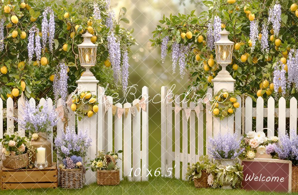 Kate Garden Lemons White Fence Fleece Backdrop Designed by Emstselch - Image 2