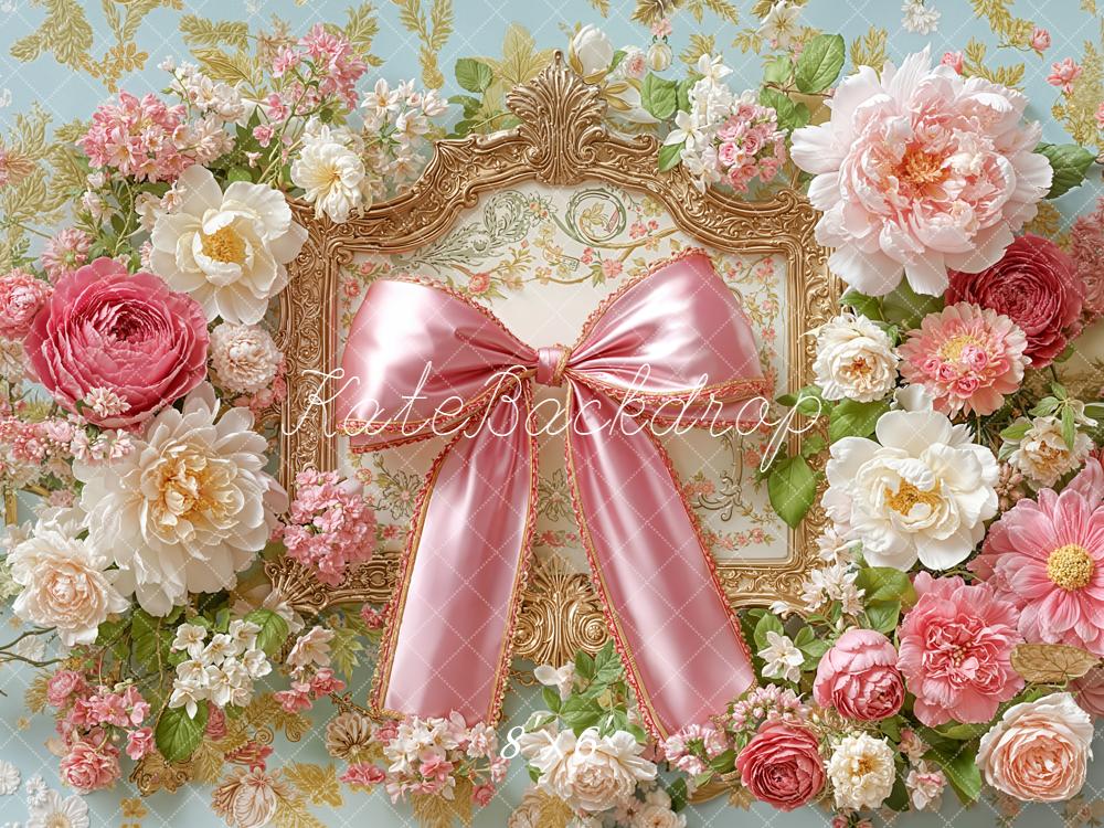 Kate Floral Arch Pink Bow Ornate Frame Backdrop Designed by Emetselch - Image 3