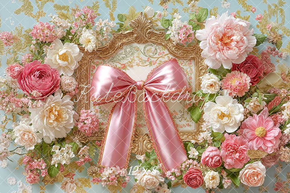 Kate Floral Arch Pink Bow Ornate Frame Backdrop Designed by Emetselch - Image 8