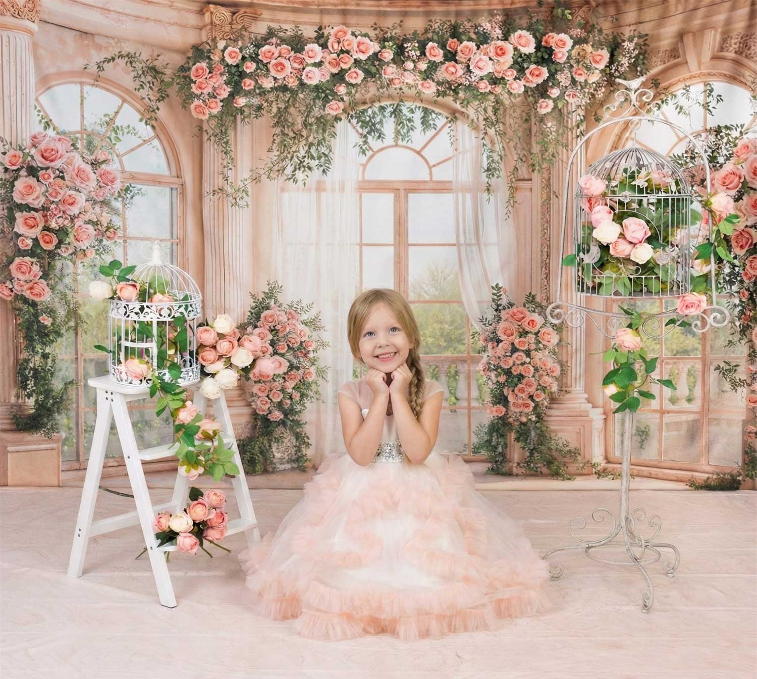 Kate Garland Pink Roses Window Columns Backdrop Designed by Emetselch - Image 3