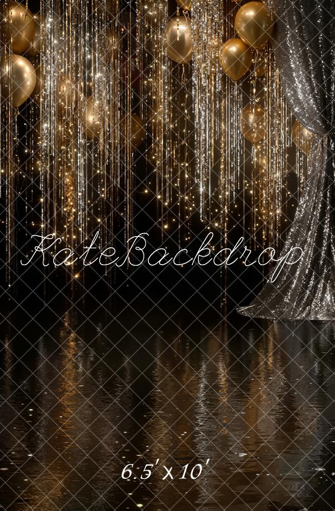 Kate Gold Balloons Glitter Streamers Curtains Fleece Backdrop Designed by Emstselch - Image 2