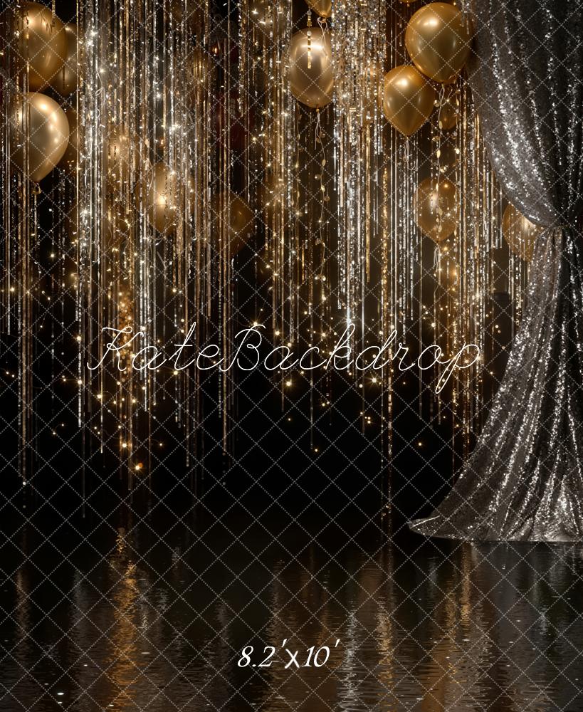 Kate Gold Balloons Glitter Streamers Curtains Fleece Backdrop Designed by Emstselch - Image 3