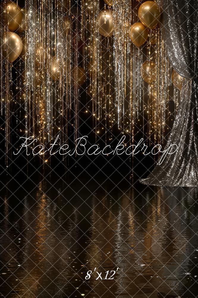 Kate Gold Balloons Glitter Streamers Curtains Fleece Backdrop Designed by Emstselch - Image 4