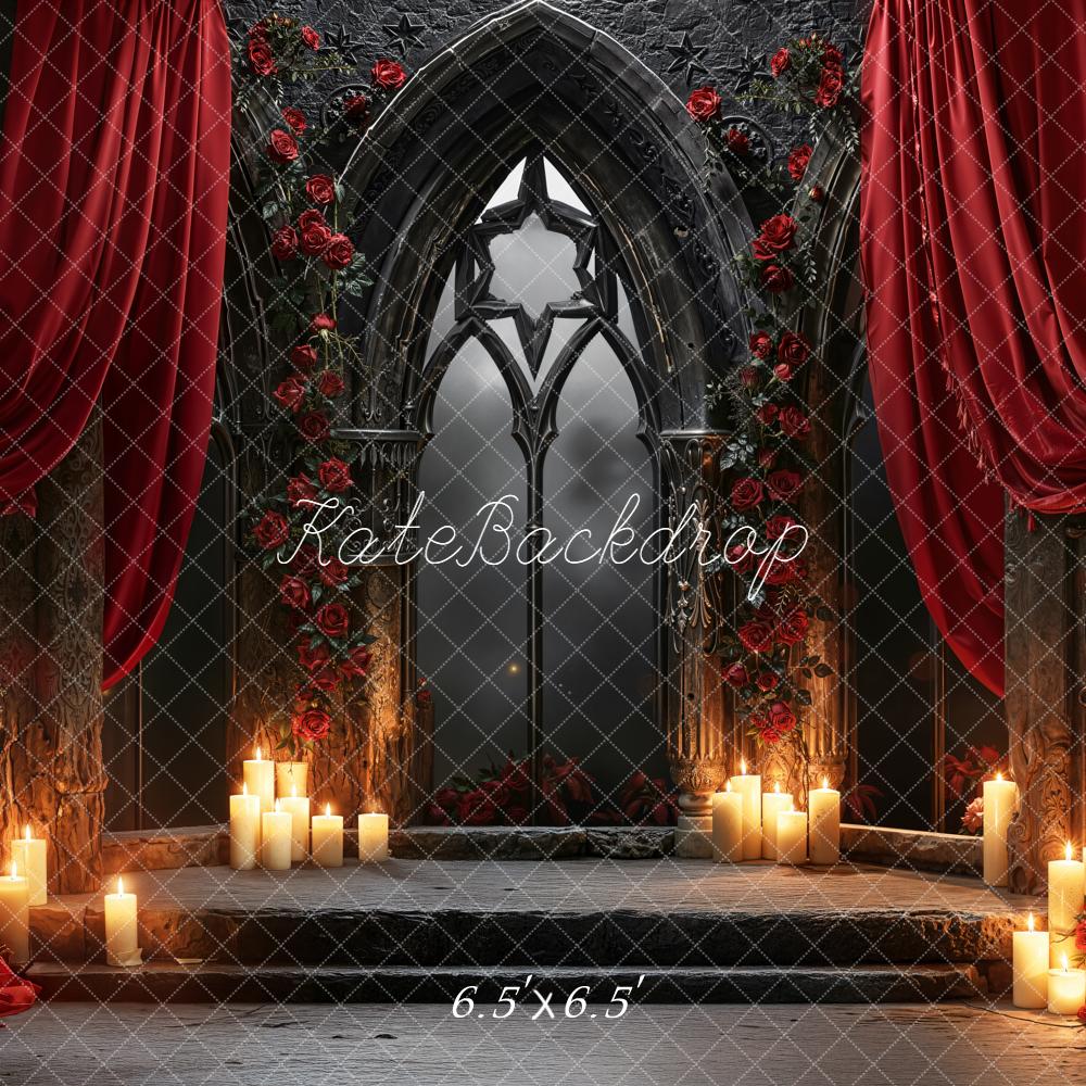 Kate Gothic Arch Red Roses Curtain Candles Backdrop Designed by Emetselch - Image 2