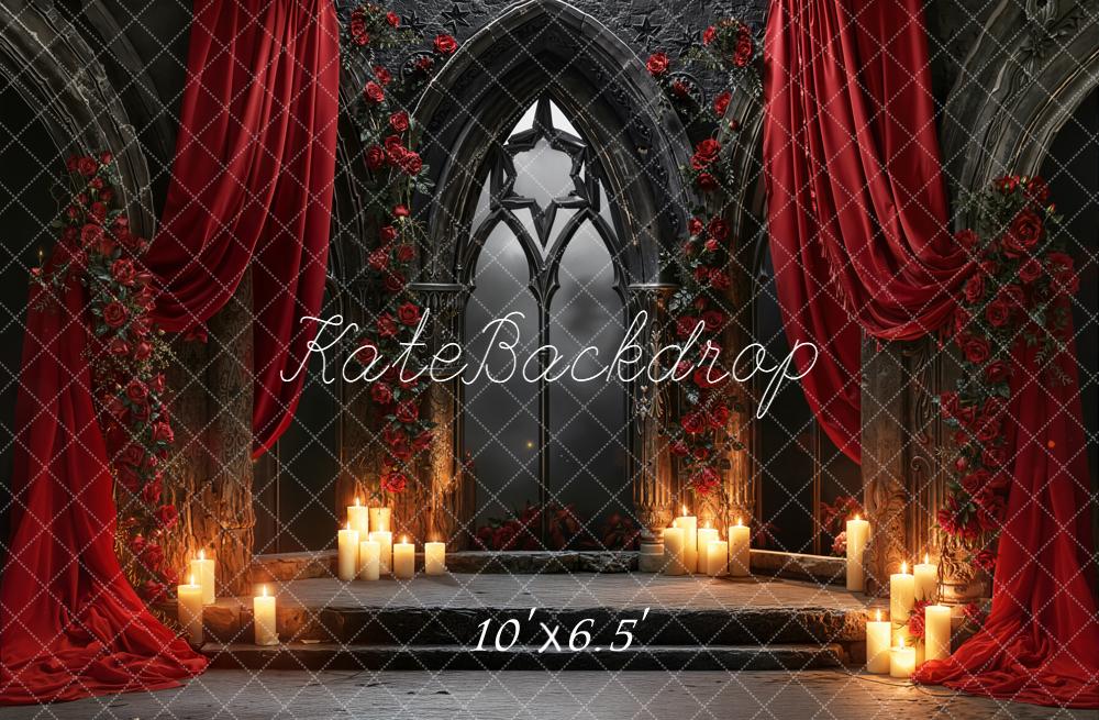 Kate Gothic Arch Roses Candles Drapes Fleece Backdrop Designed by Emetselch - Image 2