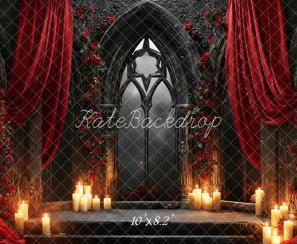 Kate Gothic Arch Roses Candles Drapes Fleece Backdrop Designed by Emetselch - Image 3