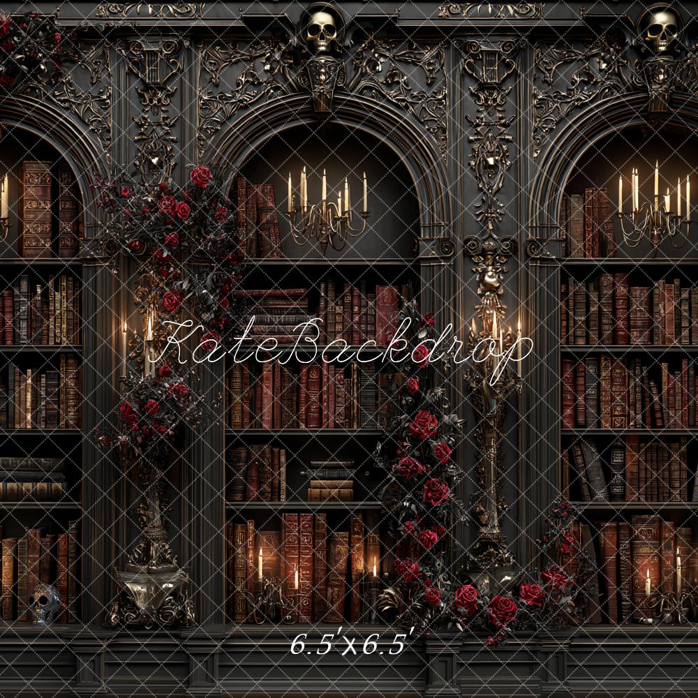 Kate Gothic Bookshelf Candlelight Red Roses Backdrop Designed by Ashley Paul - Image 2