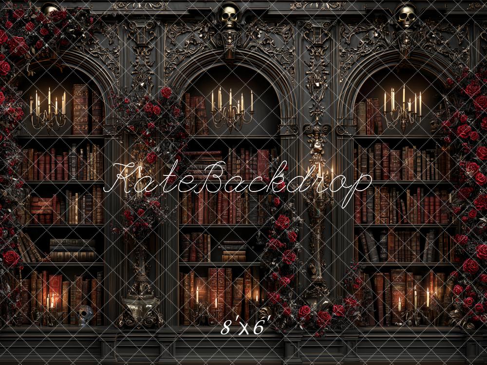 Kate Gothic Bookshelf Candlelight Red Roses Backdrop Designed by Ashley Paul - Image 3