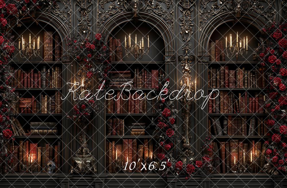 Kate Gothic Bookshelf Candlelight Red Roses Backdrop Designed by Ashley Paul - Image 4