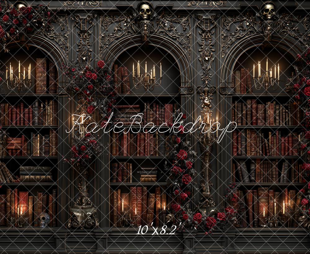 Kate Gothic Bookshelf Candlelight Red Roses Backdrop Designed by Ashley Paul - Image 6