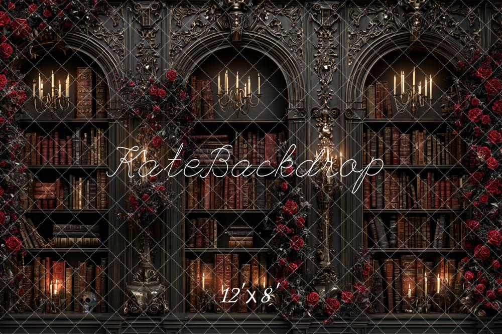 Kate Gothic Bookshelf Candlelight Red Roses Backdrop Designed by Ashley Paul - Image 8