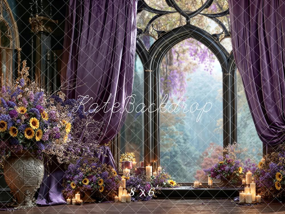 Kate Gothic Window Purple Drapes Floral Backdrop Designed by Emetselch - Image 3