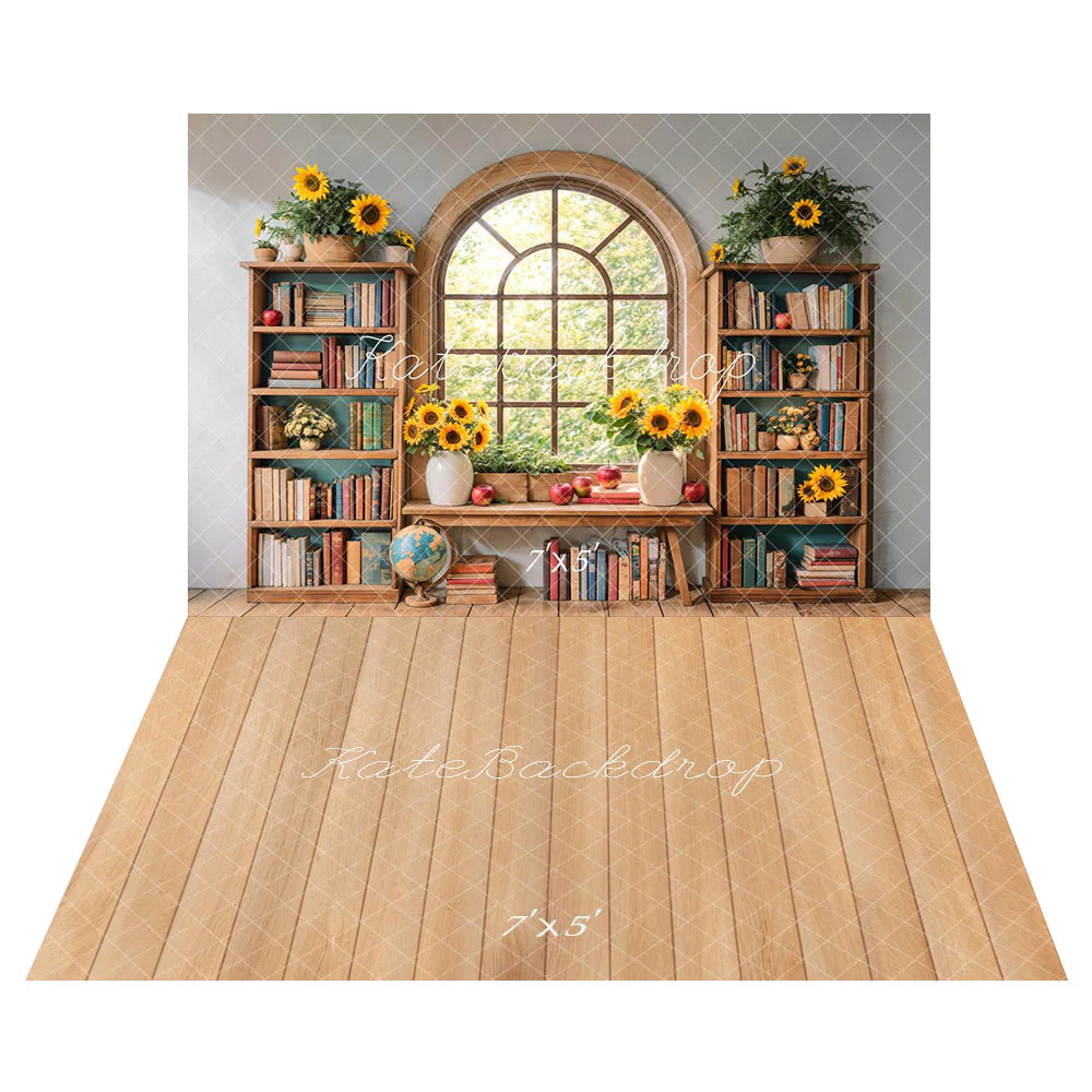 Kate Graduation Bookshelf Window Backdrop+Light Brown Wooden Floor Backdrop - Image 2