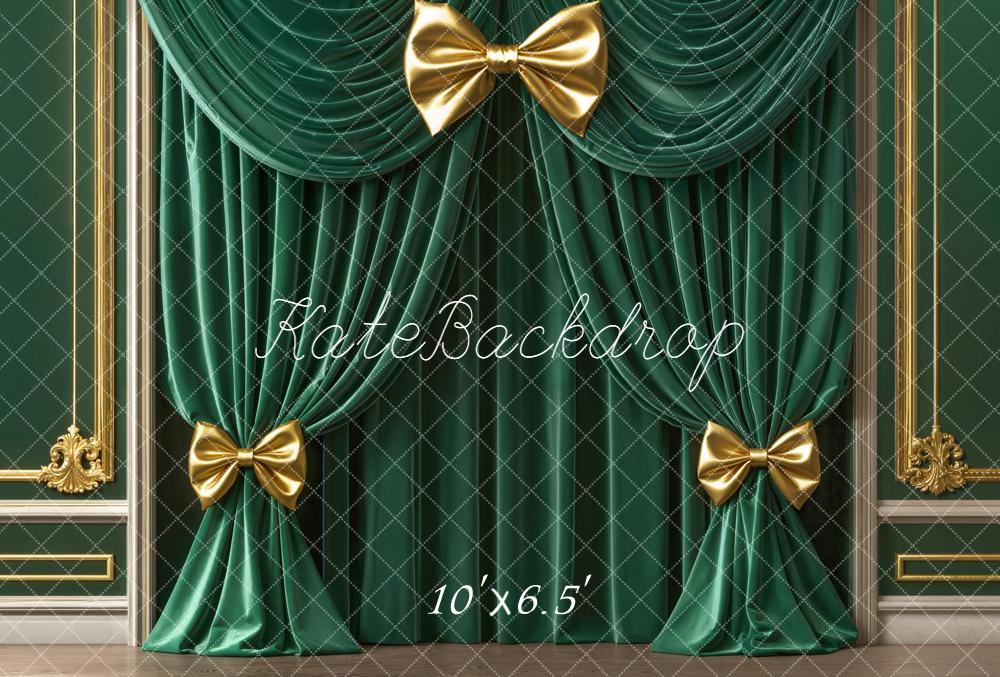 Kate Green Curtains Gold Bows Ornate Fleece Backdrop Designed by Emetselch - Image 2