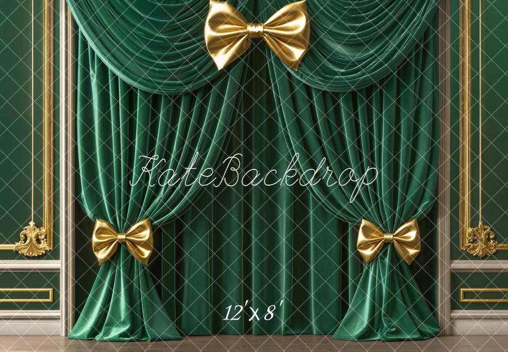 Kate Green Curtains Gold Bows Ornate Fleece Backdrop Designed by Emetselch - Image 4