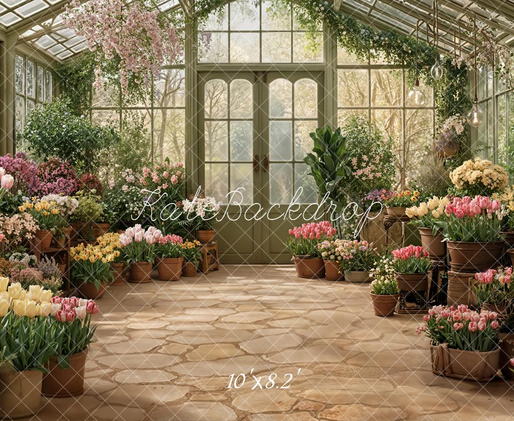 Kate Greenhouse Potted Flowers Cobblestone Fleece Backdrop Designed by Emstselch - Image 3