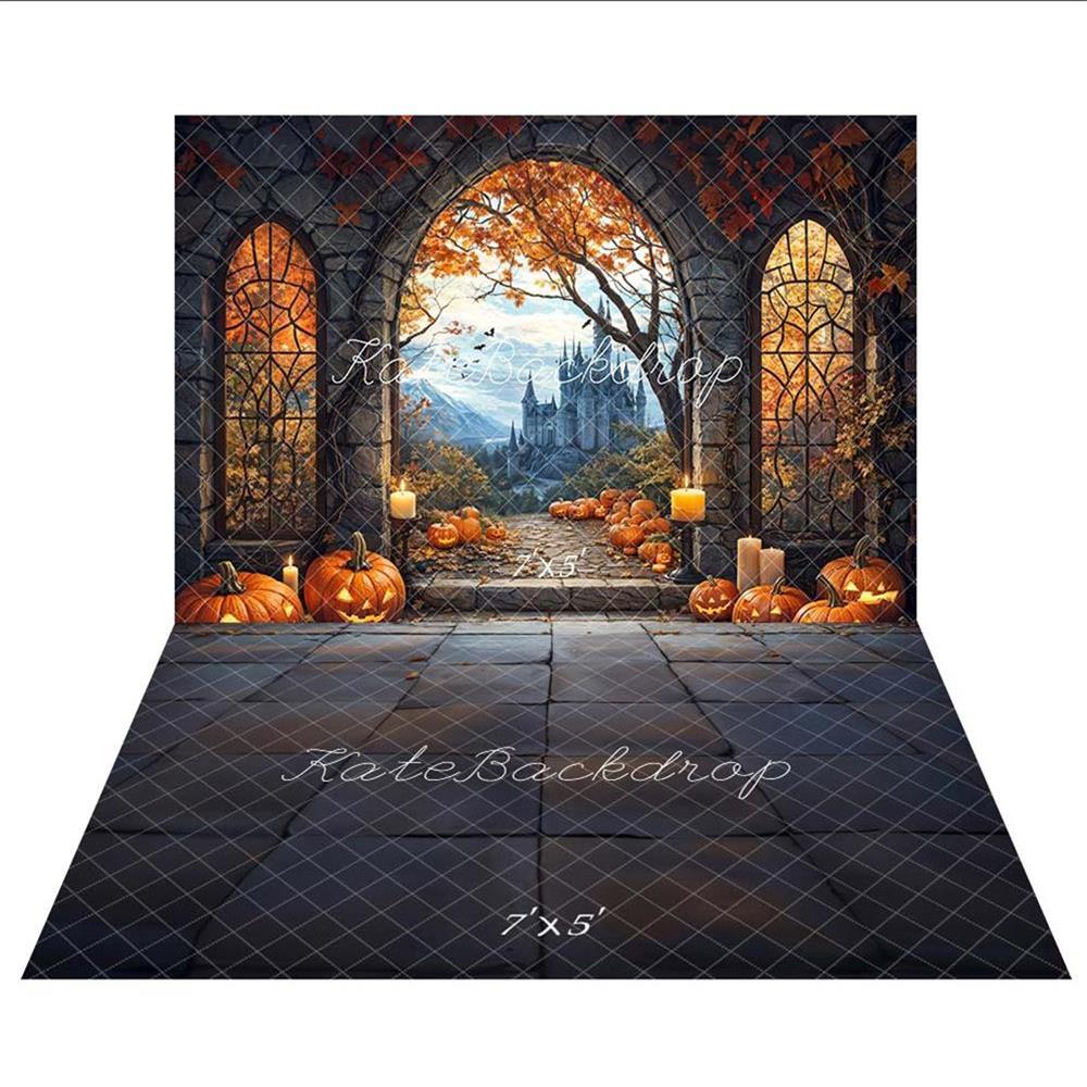Kate Halloween Arch Maple Castle Pumpkin Backdrop+Stone Pavement Floor Backdrop - Image 2