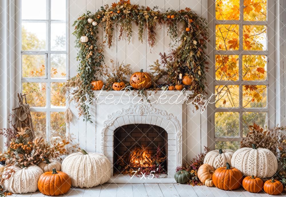Kate Halloween Autumn White Fireplace Maple Leaves Backdrop Designed by Emetselch - Image 2