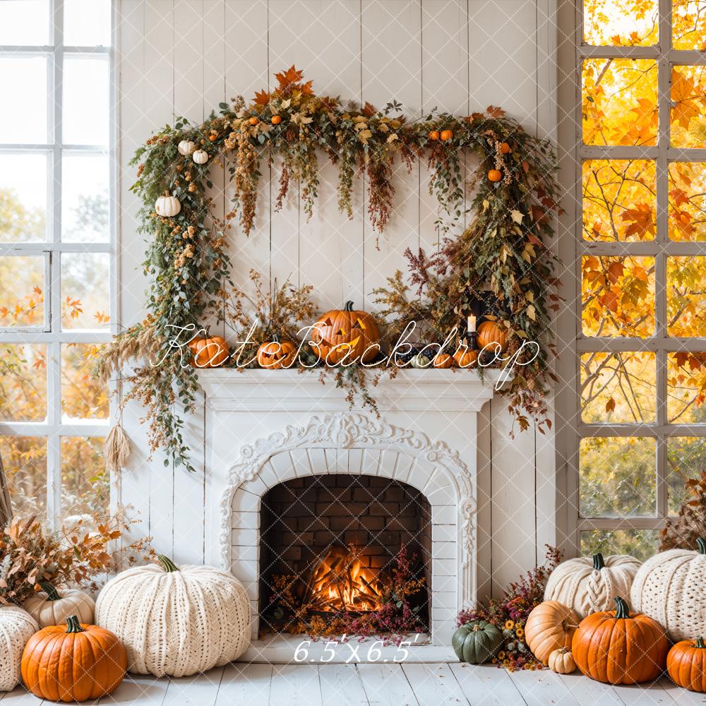 Kate Halloween Autumn White Fireplace Maple Leaves Backdrop Designed by Emetselch - Image 3