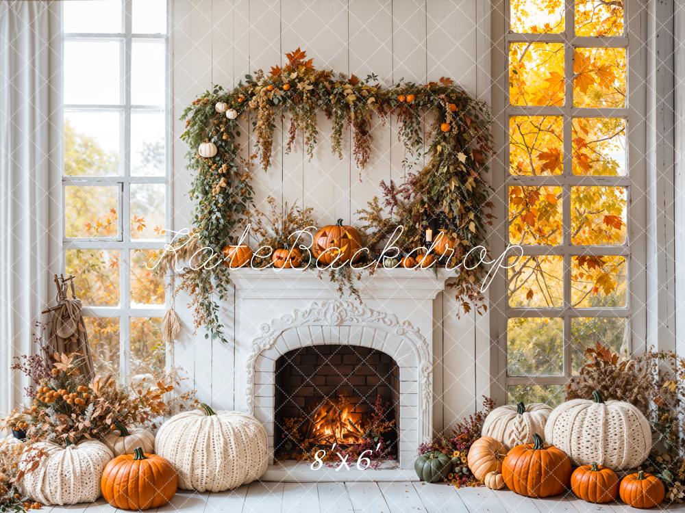 Kate Halloween Autumn White Fireplace Maple Leaves Backdrop Designed by Emetselch - Image 4