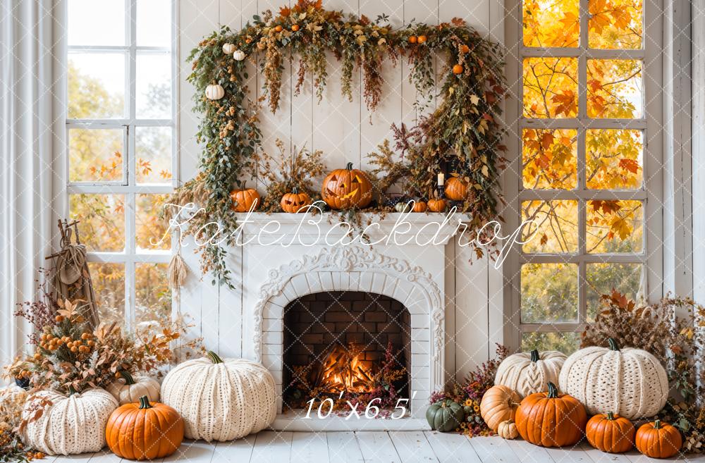 Kate Halloween Autumn White Fireplace Maple Leaves Backdrop Designed by Emetselch - Image 5