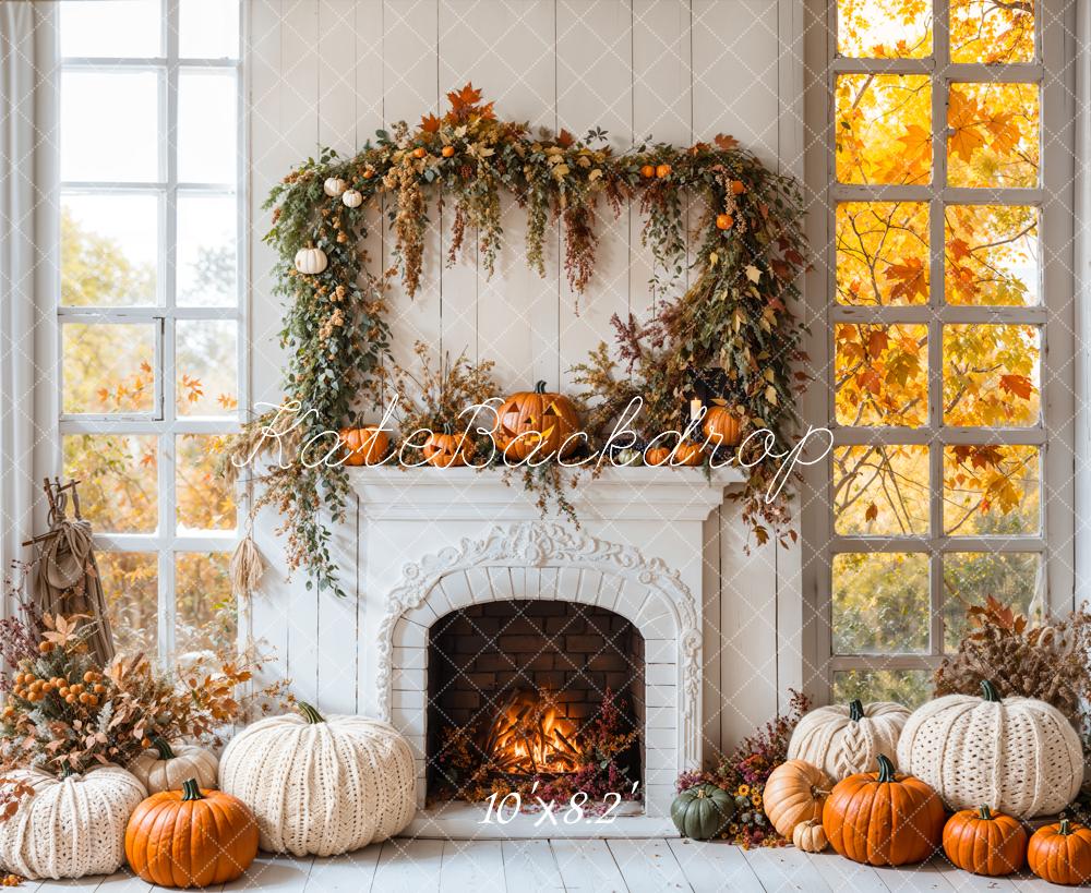 Kate Halloween Autumn White Fireplace Maple Leaves Backdrop Designed by Emetselch - Image 6