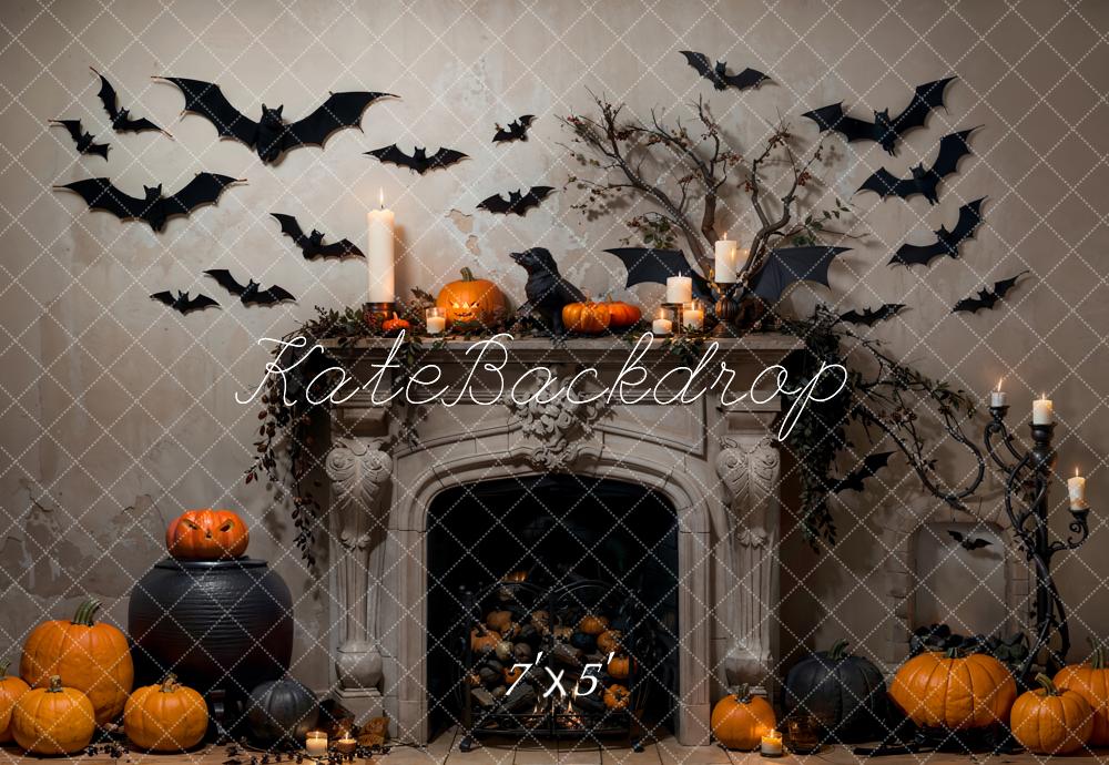 Kate Halloween Bat Gray Fireplace Backdrop Designed by Emetselch - Image 2
