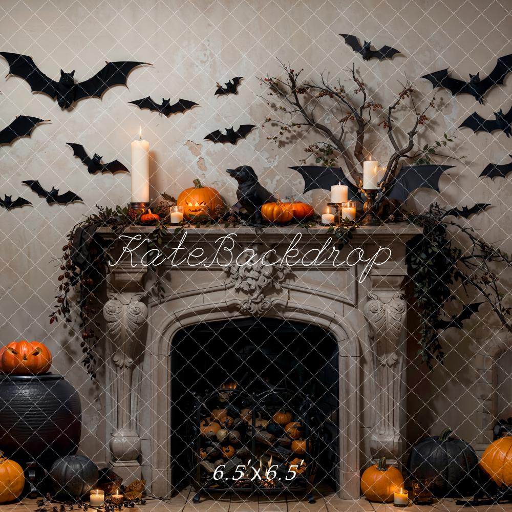 Kate Halloween Bat Gray Fireplace Backdrop Designed by Emetselch - Image 3