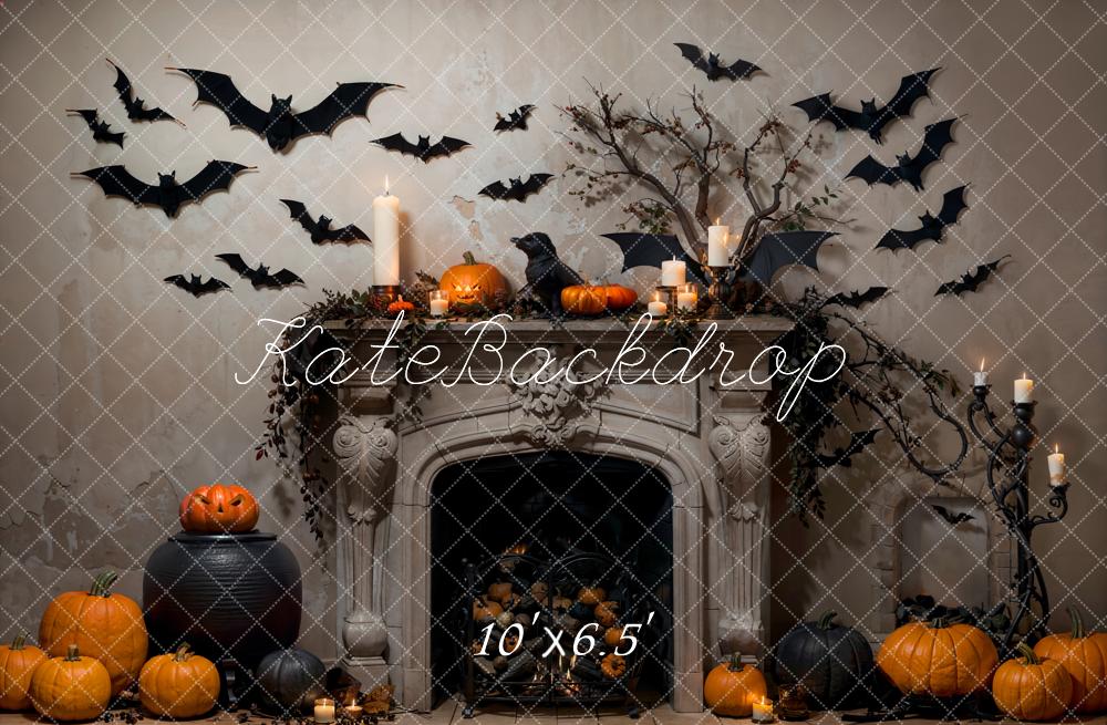 Kate Halloween Bat Gray Fireplace Backdrop Designed by Emetselch - Image 5
