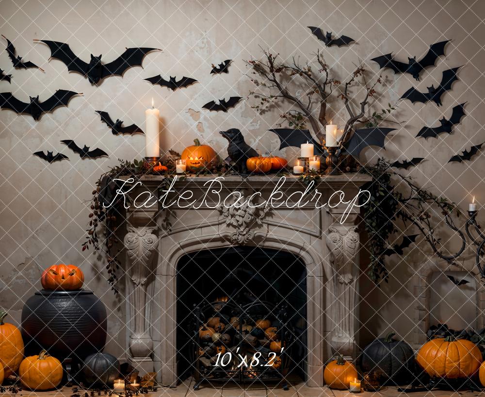 Kate Halloween Bat Gray Fireplace Backdrop Designed by Emetselch - Image 6