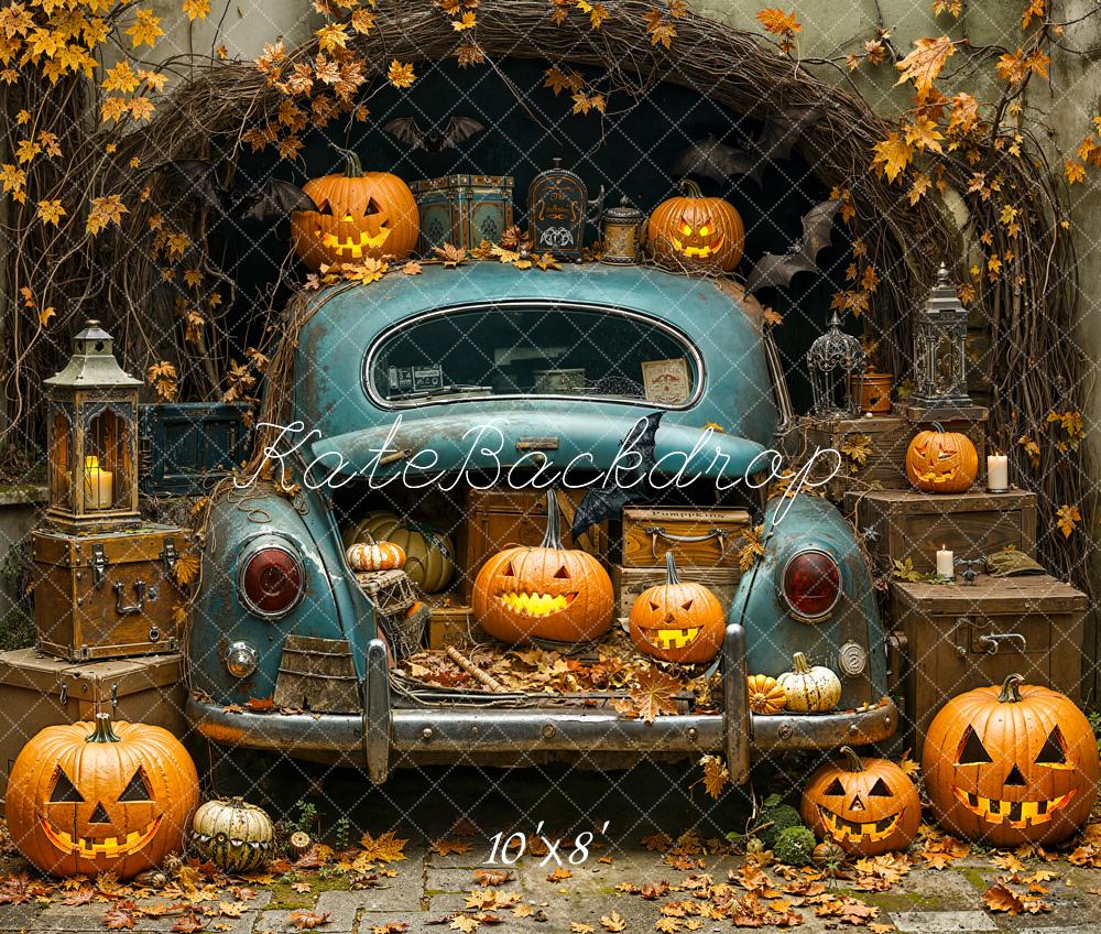 Kate Halloween Car Pumpkins Autumn Leaves Fleece Backdrop Designed by Emetselch - Image 3