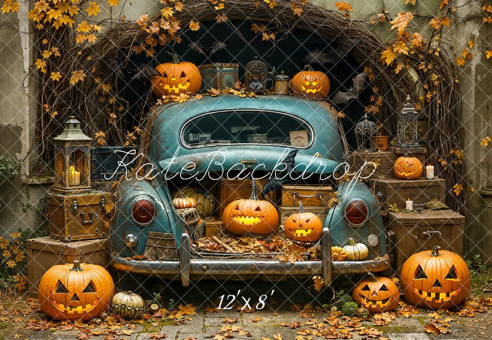 Kate Halloween Car Pumpkins Autumn Leaves Fleece Backdrop Designed by Emetselch - Image 4