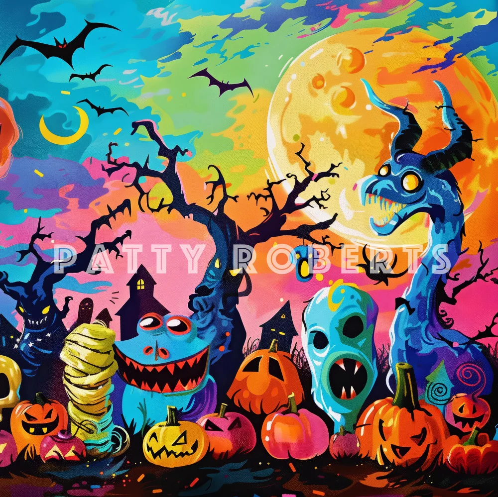 Kate Halloween Cartoon Colorful Monsters Backdrop Designed by Patty Robert - Image 2
