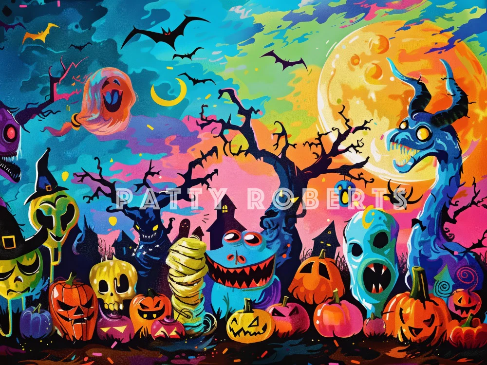 Kate Halloween Cartoon Colorful Monsters Backdrop Designed by Patty Robert - Image 3