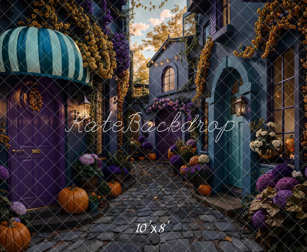 Kate Halloween Cobblestone Alley Pumpkins Purple Fleece Backdrop Designed by Emetselch - Image 3