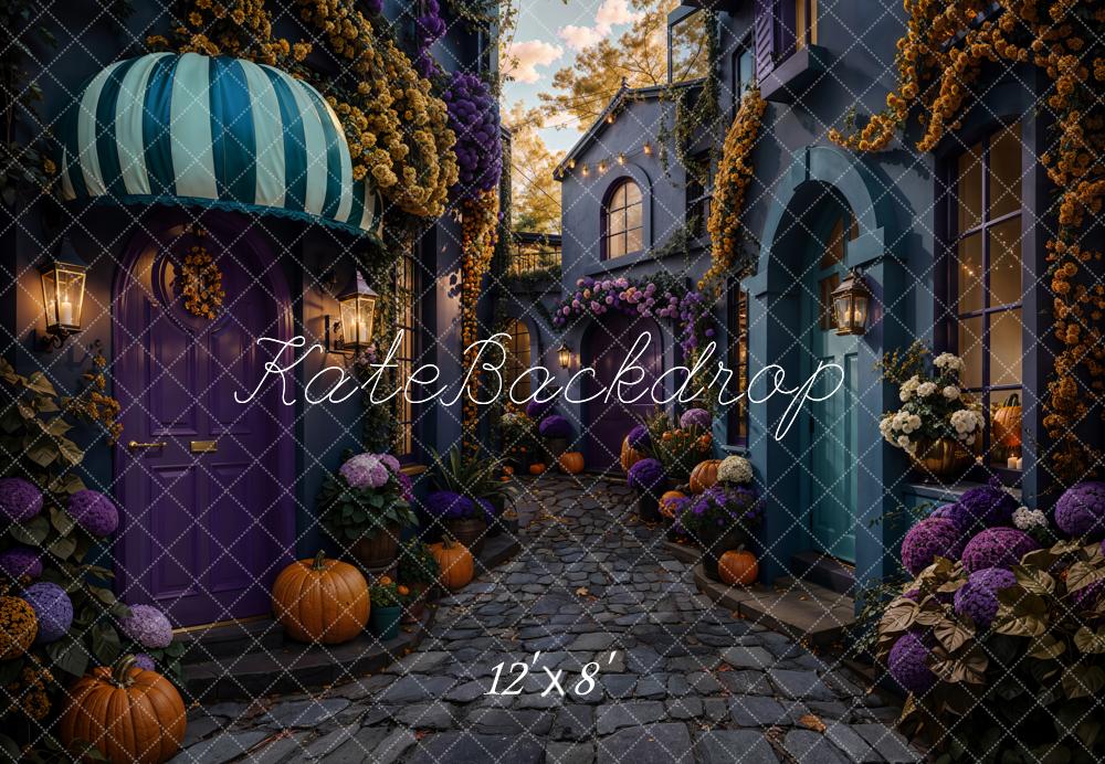 Kate Halloween Cobblestone Alley Pumpkins Purple Fleece Backdrop Designed by Emetselch - Image 4