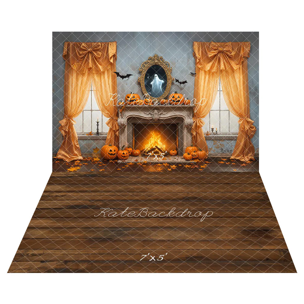 Kate Halloween Fireplace Curtains Ghost Backdrop+Brown Wooden Floor Backdrop - Image 2